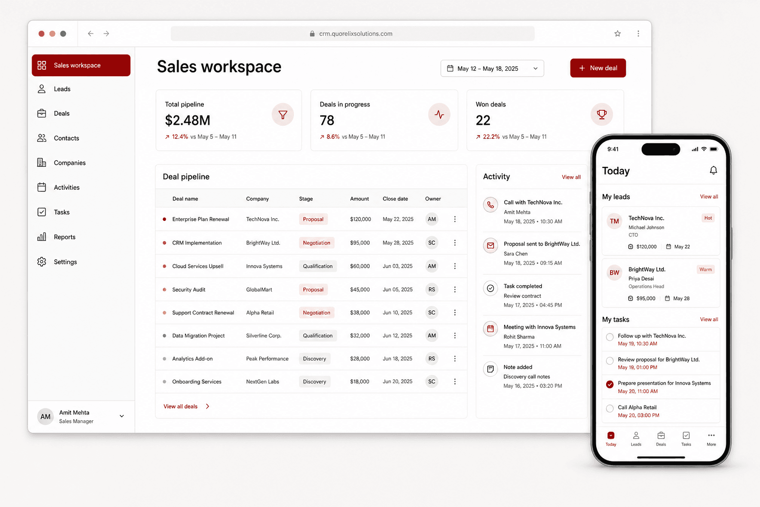 CRM sales workspace shown on desktop and mobile screens