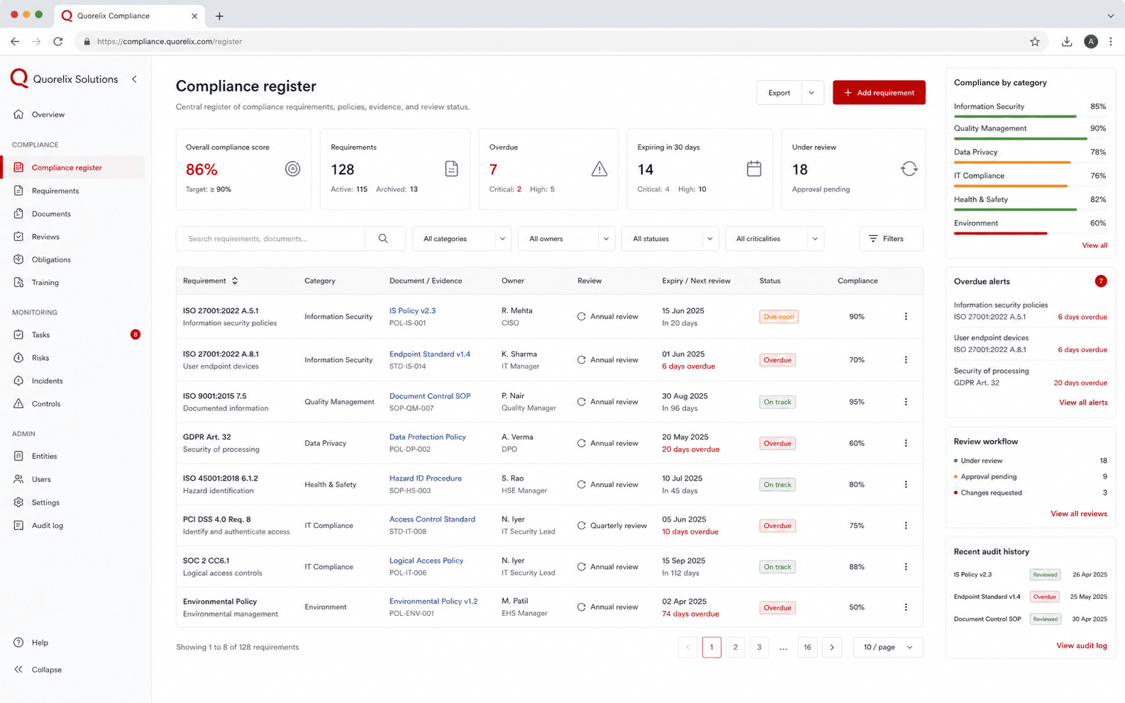 Compliance & Document Tracking product interface
